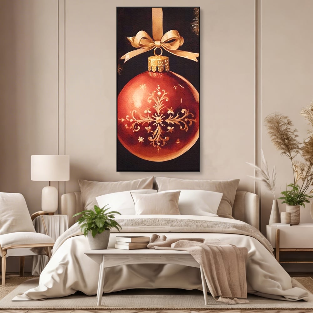 Tablou canvas cu tablou canvas cu glob rosu de craciun, in rama de aluminiu negru, pe perete intr-un dormitor